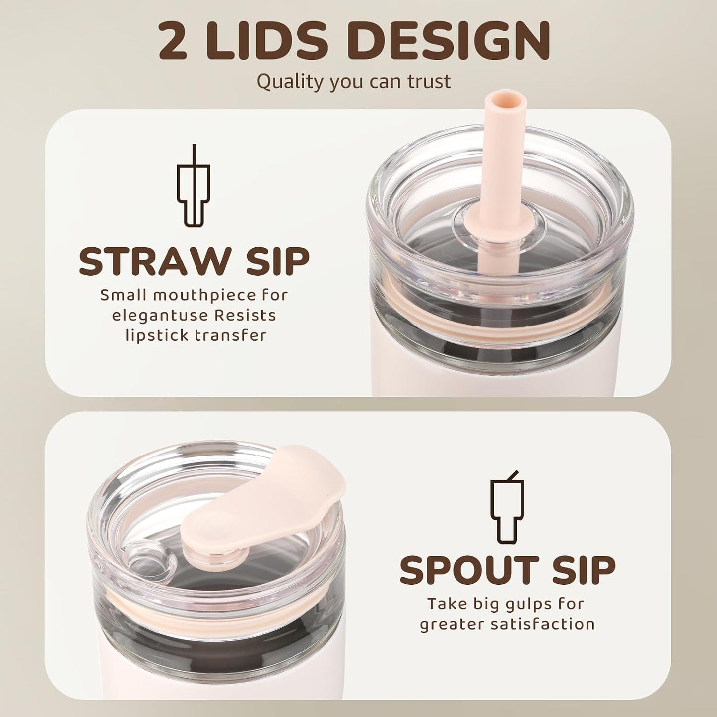 18 oz Vacuum Insulated Glass Tumbler with Straw Lid & Spout Lid - Keeps Drinks Cold for 12 Hrs - Perfect Size Iced Coffee Cup - Smoothie Cup - Dishwasher Safe