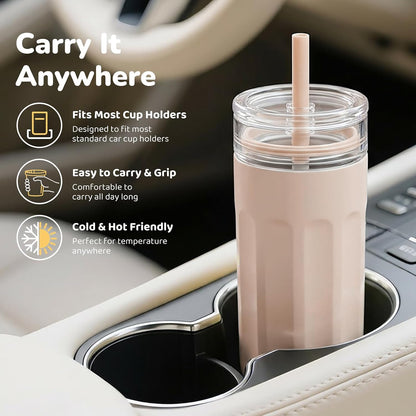 18 oz Vacuum Insulated Glass Tumbler with Straw Lid & Spout Lid - Keeps Drinks Cold for 12 Hrs - Perfect Size Iced Coffee Cup - Smoothie Cup - Dishwasher Safe