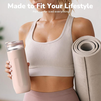 18 oz Vacuum Insulated Glass Tumbler with Straw Lid & Spout Lid - Keeps Drinks Cold for 12 Hrs - Perfect Size Iced Coffee Cup - Smoothie Cup - Dishwasher Safe