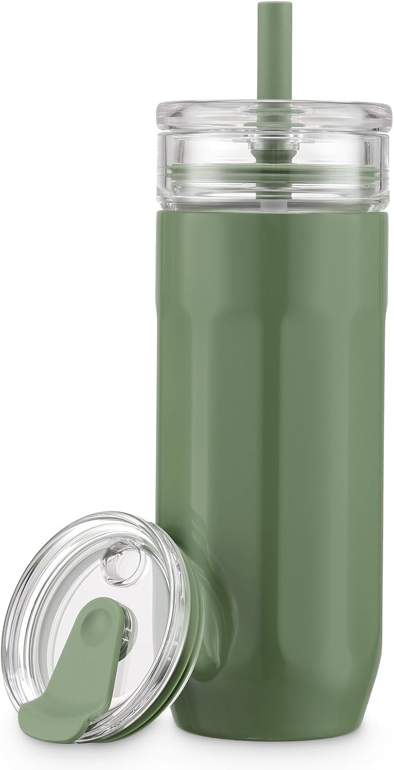 18 oz Vacuum Insulated Glass Tumbler with Straw Lid & Spout Lid - Keeps Drinks Cold for 12 Hrs - Perfect Size Iced Coffee Cup - Smoothie Cup - Dishwasher Safe