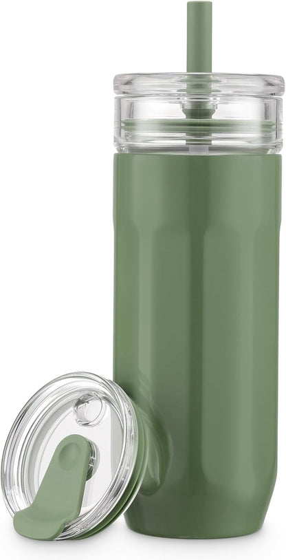 18 oz Vacuum Insulated Glass Tumbler with Straw Lid & Spout Lid - Keeps Drinks Cold for 12 Hrs - Perfect Size Iced Coffee Cup - Smoothie Cup - Dishwasher Safe