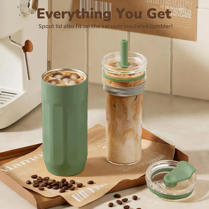 18 oz Vacuum Insulated Glass Tumbler with Straw Lid & Spout Lid - Keeps Drinks Cold for 12 Hrs - Perfect Size Iced Coffee Cup - Smoothie Cup - Dishwasher Safe