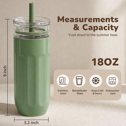 18 oz Vacuum Insulated Glass Tumbler with Straw Lid & Spout Lid - Keeps Drinks Cold for 12 Hrs - Perfect Size Iced Coffee Cup - Smoothie Cup - Dishwasher Safe