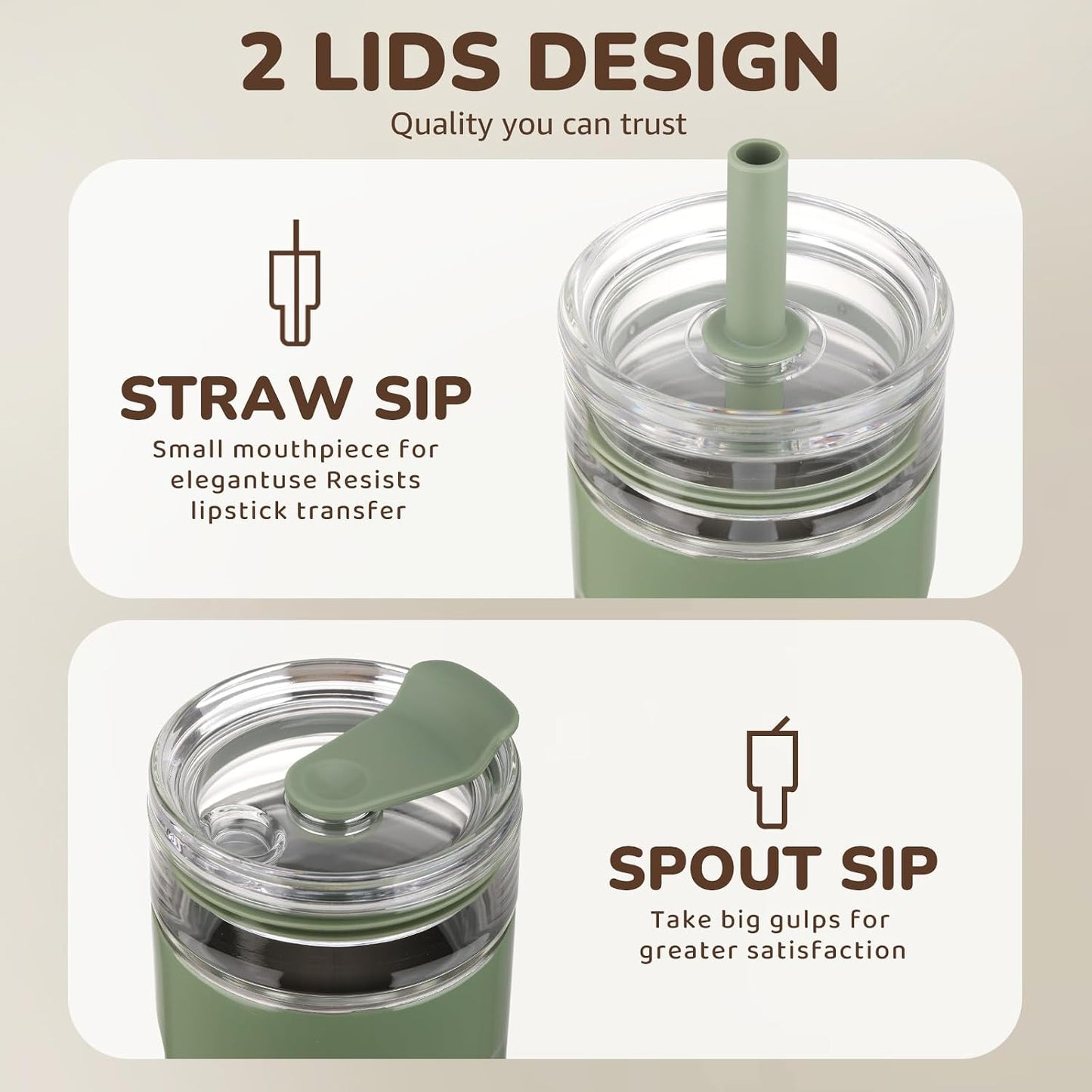 18 oz Vacuum Insulated Glass Tumbler with Straw Lid & Spout Lid - Keeps Drinks Cold for 12 Hrs - Perfect Size Iced Coffee Cup - Smoothie Cup - Dishwasher Safe