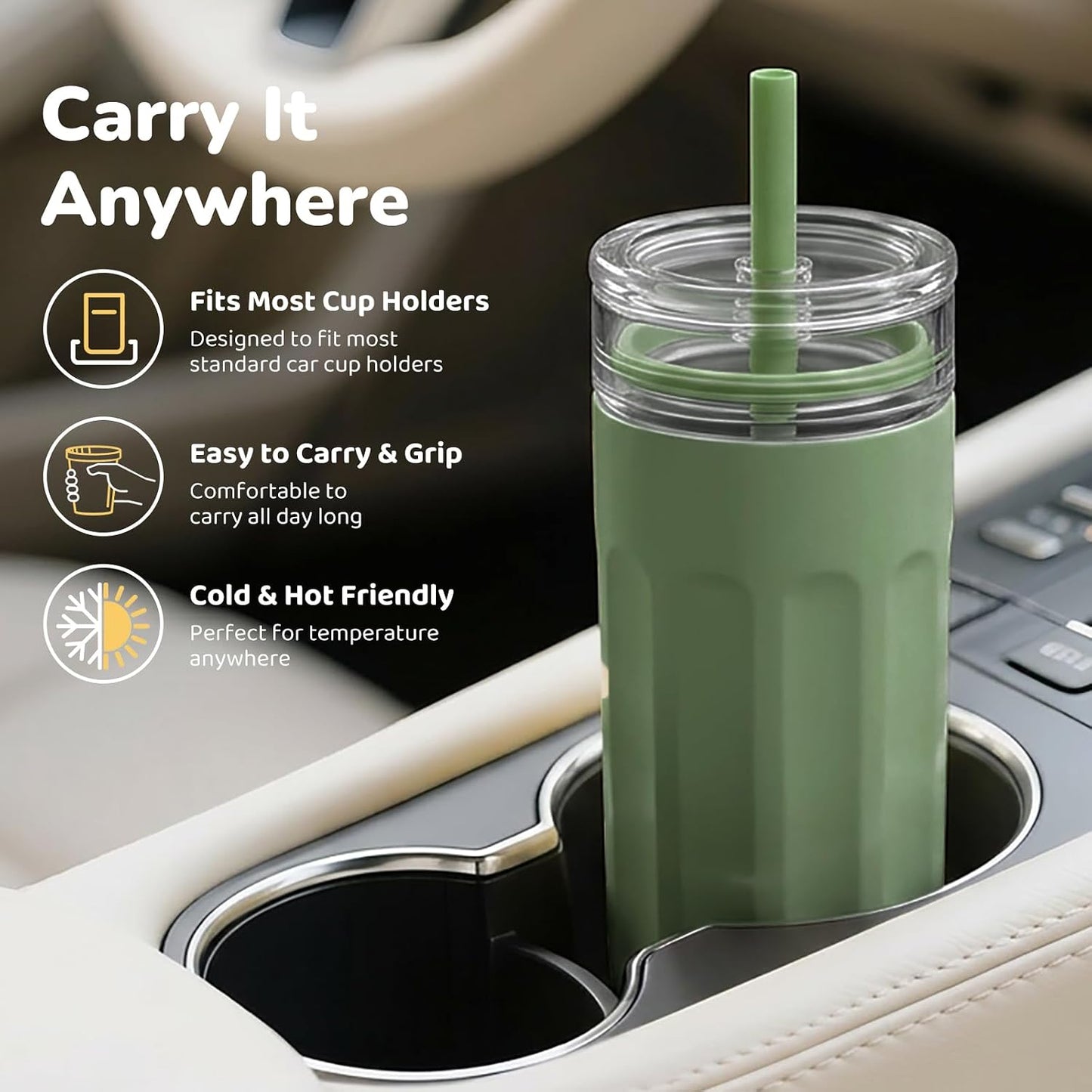 18 oz Vacuum Insulated Glass Tumbler with Straw Lid & Spout Lid - Keeps Drinks Cold for 12 Hrs - Perfect Size Iced Coffee Cup - Smoothie Cup - Dishwasher Safe