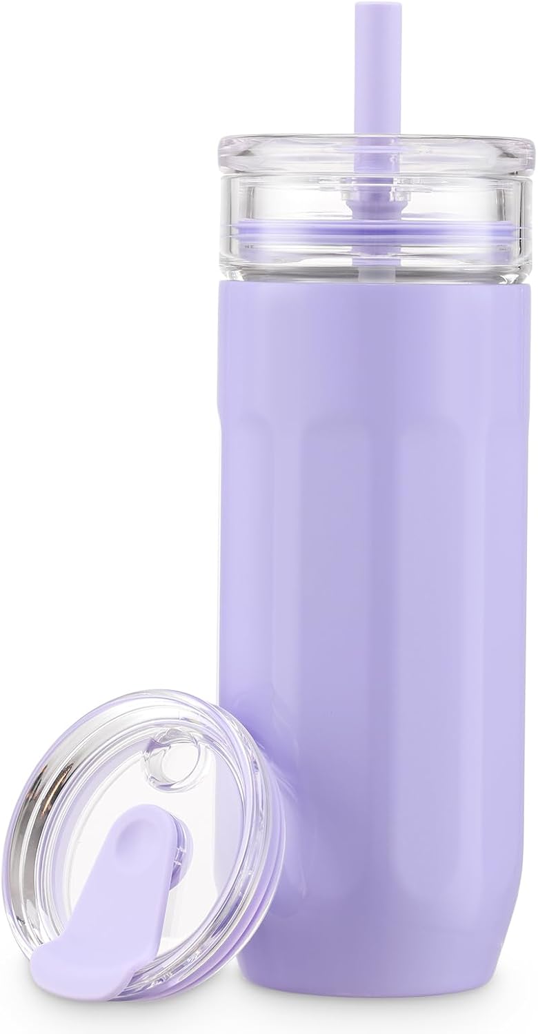18 oz Vacuum Insulated Glass Tumbler with Straw Lid & Spout Lid - Keeps Drinks Cold for 12 Hrs - Perfect Size Iced Coffee Cup - Smoothie Cup - Dishwasher Safe