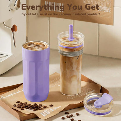 18 oz Vacuum Insulated Glass Tumbler with Straw Lid & Spout Lid - Keeps Drinks Cold for 12 Hrs - Perfect Size Iced Coffee Cup - Smoothie Cup - Dishwasher Safe