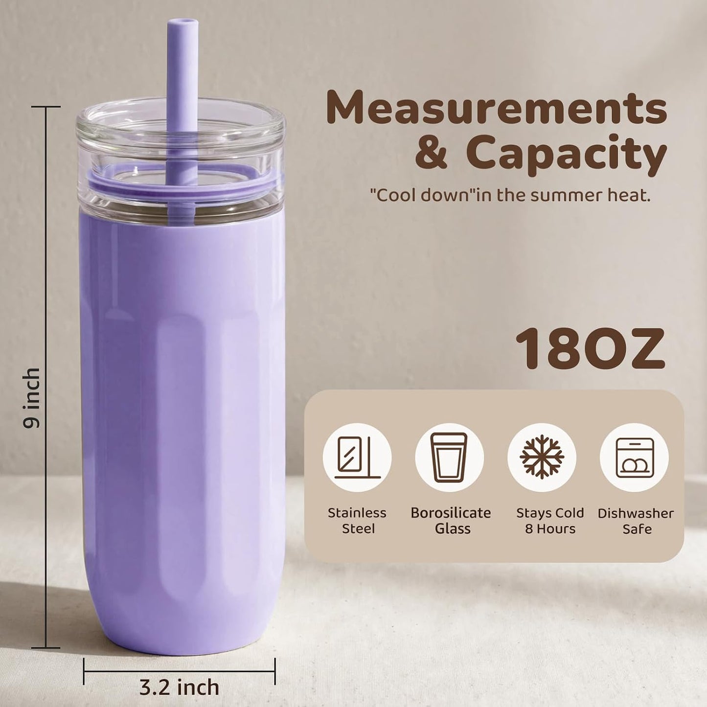 18 oz Vacuum Insulated Glass Tumbler with Straw Lid & Spout Lid - Keeps Drinks Cold for 12 Hrs - Perfect Size Iced Coffee Cup - Smoothie Cup - Dishwasher Safe