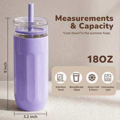 18 oz Vacuum Insulated Glass Tumbler with Straw Lid & Spout Lid - Keeps Drinks Cold for 12 Hrs - Perfect Size Iced Coffee Cup - Smoothie Cup - Dishwasher Safe