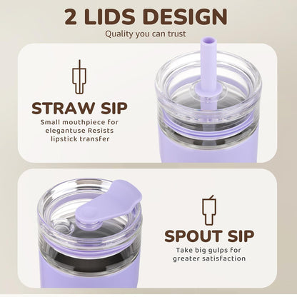 18 oz Vacuum Insulated Glass Tumbler with Straw Lid & Spout Lid - Keeps Drinks Cold for 12 Hrs - Perfect Size Iced Coffee Cup - Smoothie Cup - Dishwasher Safe