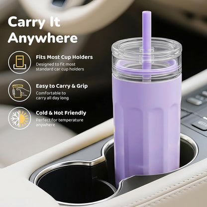 18 oz Vacuum Insulated Glass Tumbler with Straw Lid & Spout Lid - Keeps Drinks Cold for 12 Hrs - Perfect Size Iced Coffee Cup - Smoothie Cup - Dishwasher Safe
