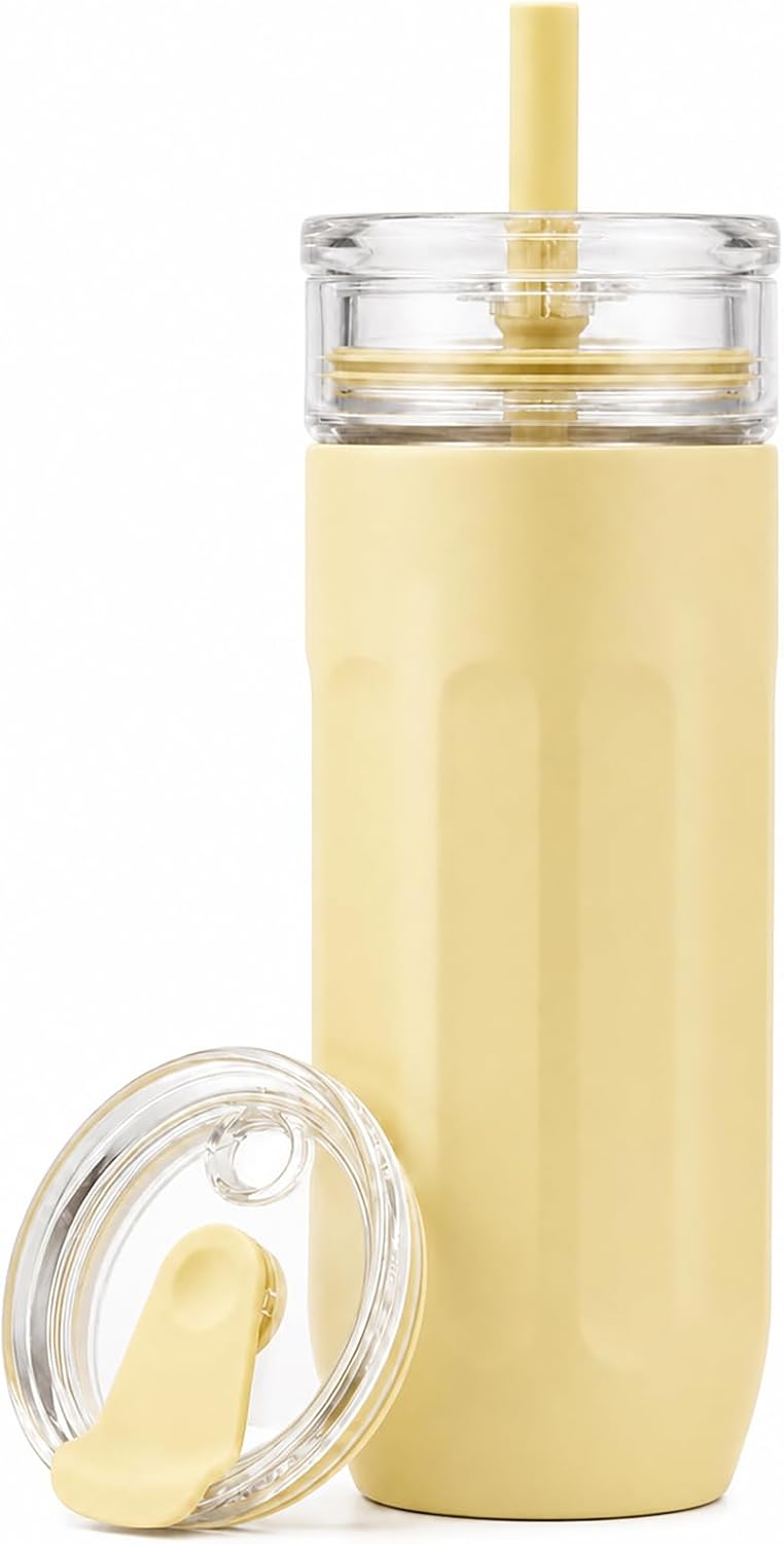 18 oz Vacuum Insulated Glass Tumbler with Straw Lid & Spout Lid - Keeps Drinks Cold for 12 Hrs - Perfect Size Iced Coffee Cup - Smoothie Cup - Dishwasher Safe