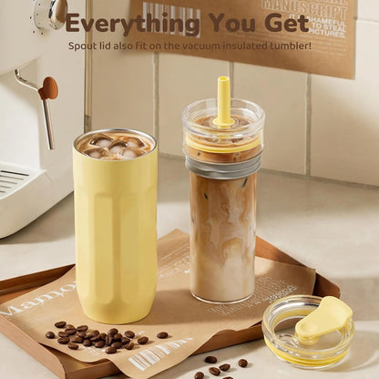 18 oz Vacuum Insulated Glass Tumbler with Straw Lid & Spout Lid - Keeps Drinks Cold for 12 Hrs - Perfect Size Iced Coffee Cup - Smoothie Cup - Dishwasher Safe