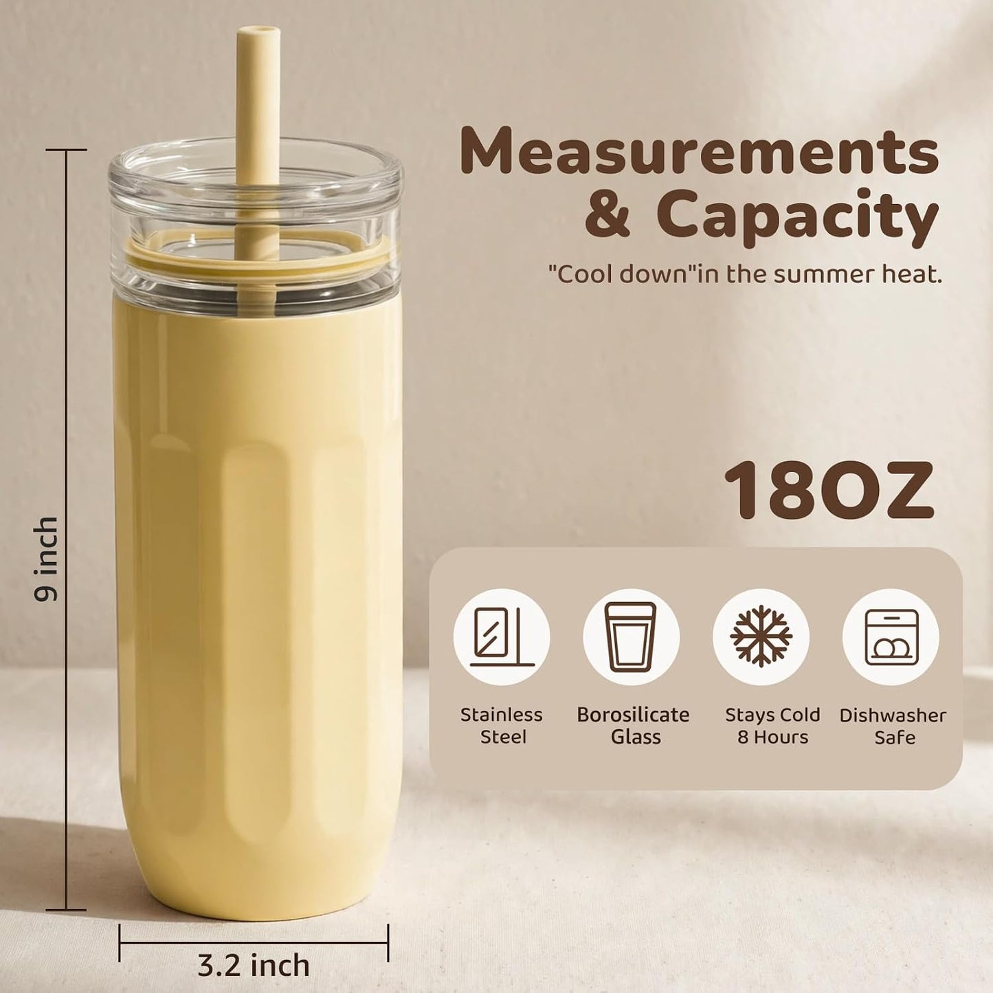 18 oz Vacuum Insulated Glass Tumbler with Straw Lid & Spout Lid - Keeps Drinks Cold for 12 Hrs - Perfect Size Iced Coffee Cup - Smoothie Cup - Dishwasher Safe