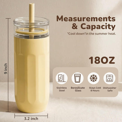 18 oz Vacuum Insulated Glass Tumbler with Straw Lid & Spout Lid - Keeps Drinks Cold for 12 Hrs - Perfect Size Iced Coffee Cup - Smoothie Cup - Dishwasher Safe