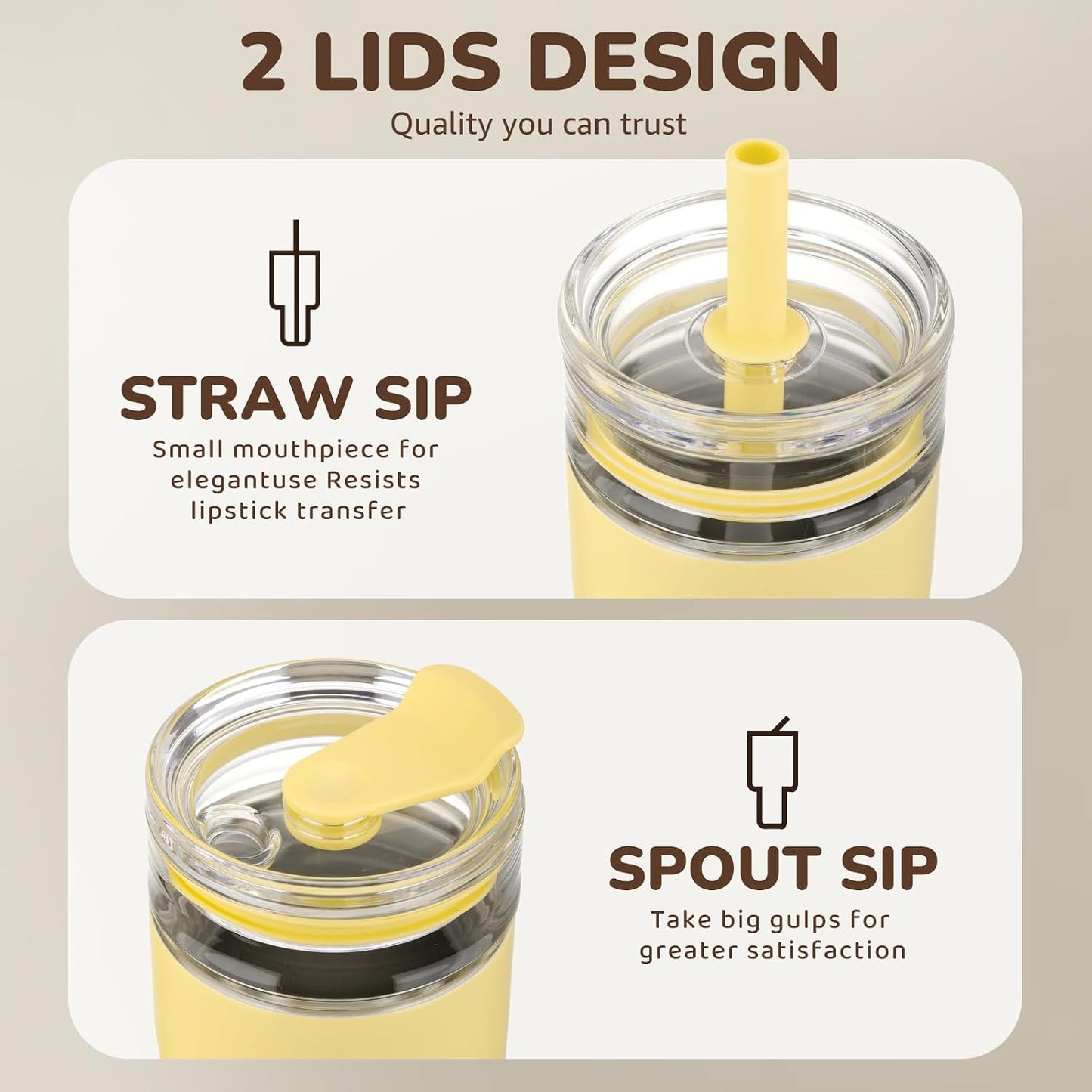 18 oz Vacuum Insulated Glass Tumbler with Straw Lid & Spout Lid - Keeps Drinks Cold for 12 Hrs - Perfect Size Iced Coffee Cup - Smoothie Cup - Dishwasher Safe
