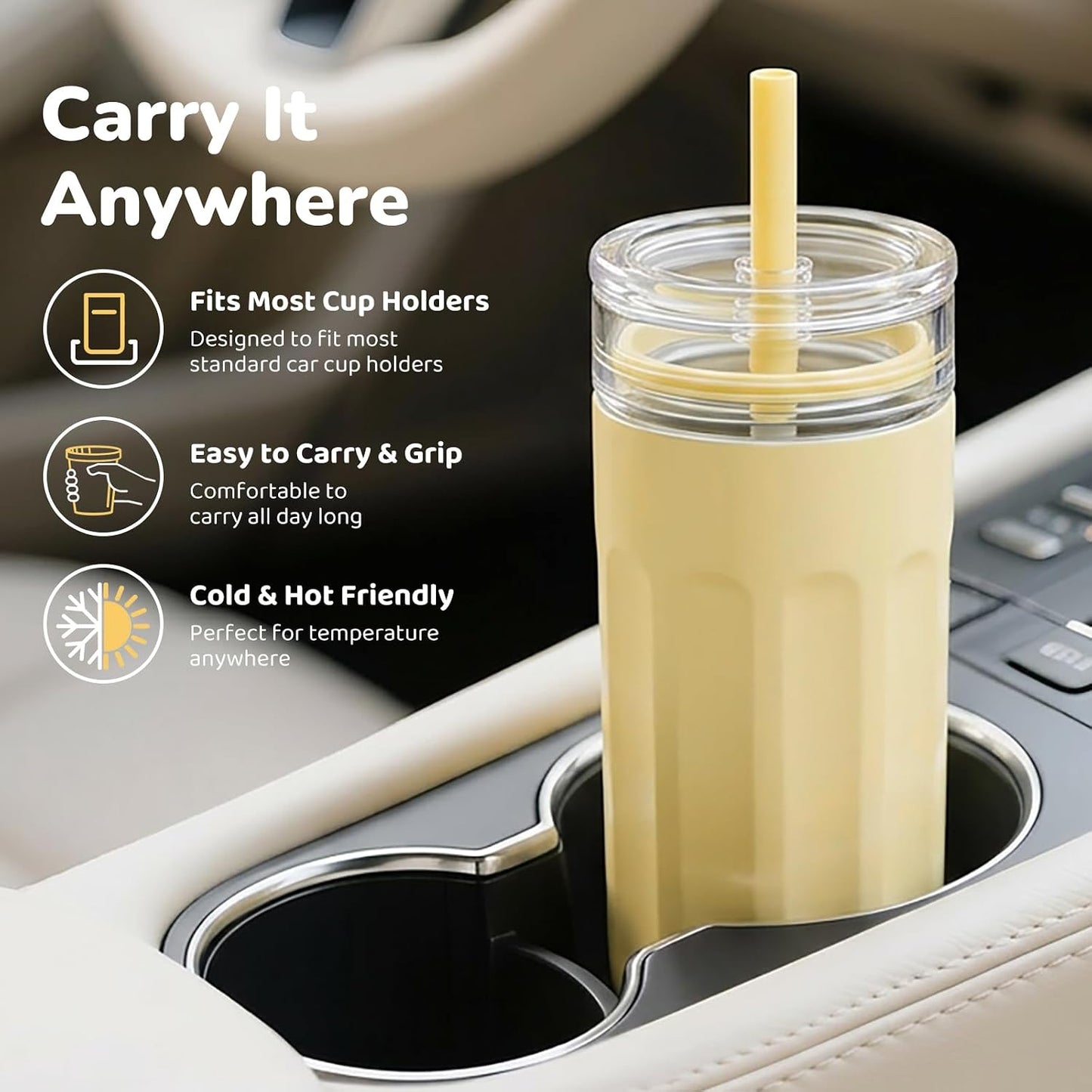 18 oz Vacuum Insulated Glass Tumbler with Straw Lid & Spout Lid - Keeps Drinks Cold for 12 Hrs - Perfect Size Iced Coffee Cup - Smoothie Cup - Dishwasher Safe
