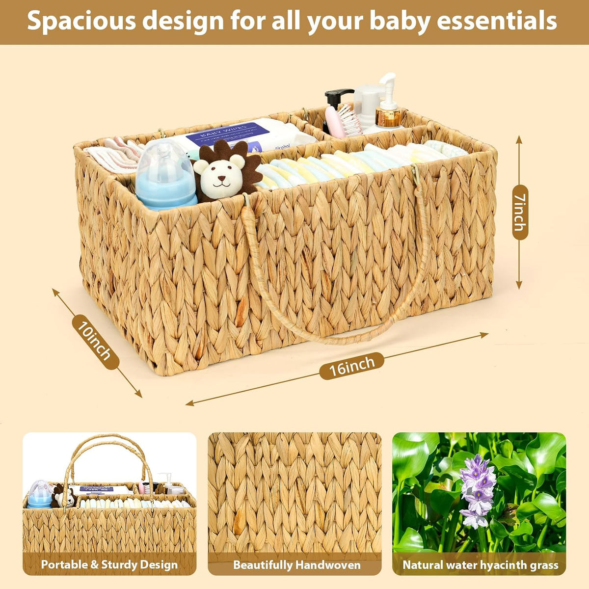 Large Baby Diaper Caddy Organizer, Handwoven Water Hyacinth Storage Basket, Portable Wicker Car Diaper Storage Bin for Nursery and Travel