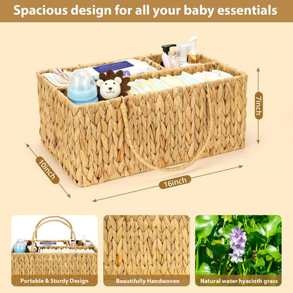 Large Baby Diaper Caddy Organizer, Handwoven Water Hyacinth Storage Basket, Portable Wicker Car Diaper Storage Bin for Nursery and Travel