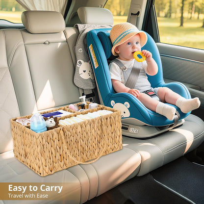 Large Baby Diaper Caddy Organizer, Handwoven Water Hyacinth Storage Basket, Portable Wicker Car Diaper Storage Bin for Nursery and Travel