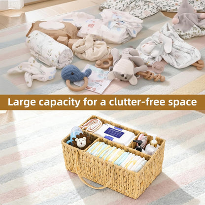 Large Baby Diaper Caddy Organizer, Handwoven Water Hyacinth Storage Basket, Portable Wicker Car Diaper Storage Bin for Nursery and Travel