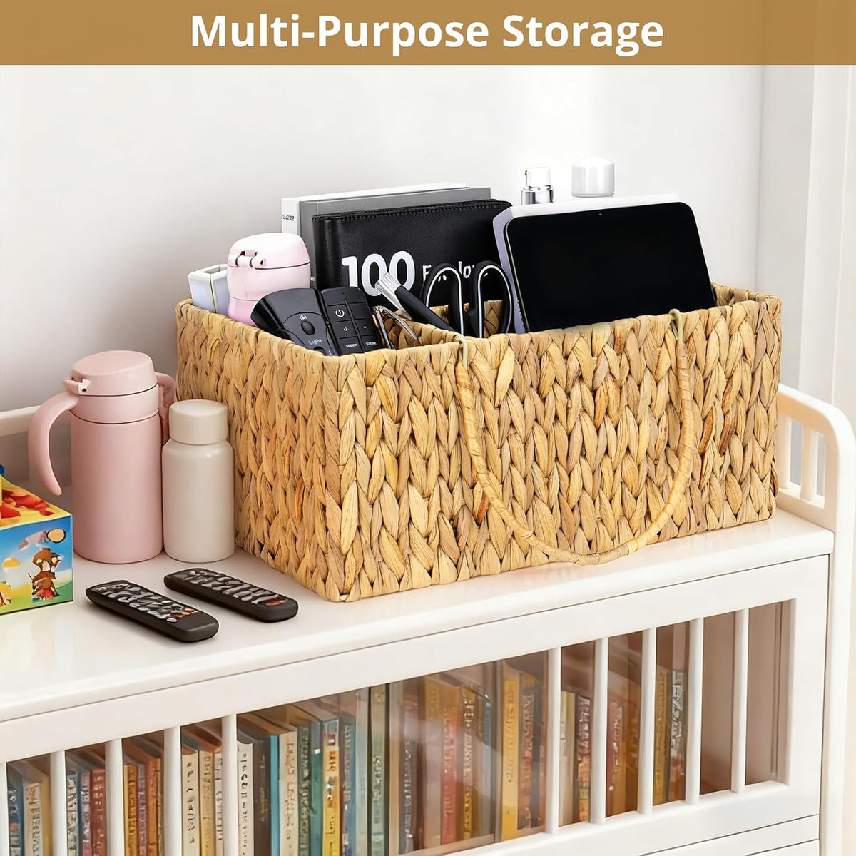 Large Baby Diaper Caddy Organizer, Handwoven Water Hyacinth Storage Basket, Portable Wicker Car Diaper Storage Bin for Nursery and Travel