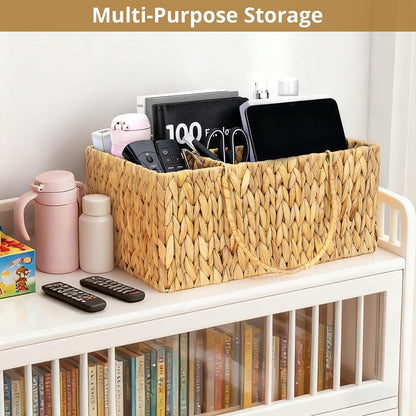 Large Baby Diaper Caddy Organizer, Handwoven Water Hyacinth Storage Basket, Portable Wicker Car Diaper Storage Bin for Nursery and Travel
