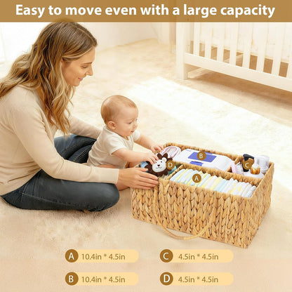 Large Baby Diaper Caddy Organizer, Handwoven Water Hyacinth Storage Basket, Portable Wicker Car Diaper Storage Bin for Nursery and Travel