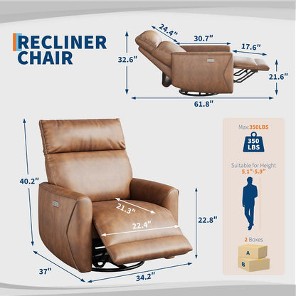 Power Recliner Chair, 270° Swivel Rocking Glider with USB Charging Port, PU Leather Upholstered Fabric, Ergonomic Modern Nursery Chair for Living Room, Bedroom, Nursery (Camel)