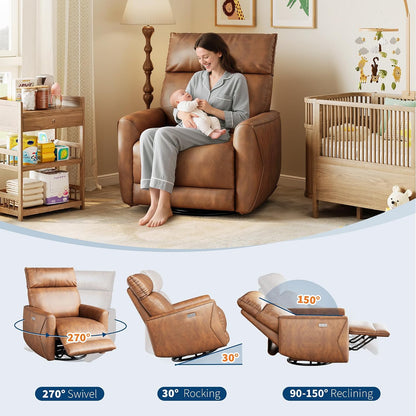 Power Recliner Chair, 270° Swivel Rocking Glider with USB Charging Port, PU Leather Upholstered Fabric, Ergonomic Modern Nursery Chair for Living Room, Bedroom, Nursery (Camel)