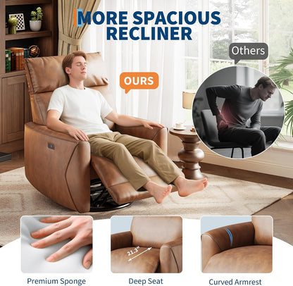 Power Recliner Chair, 270° Swivel Rocking Glider with USB Charging Port, PU Leather Upholstered Fabric, Ergonomic Modern Nursery Chair for Living Room, Bedroom, Nursery (Camel)