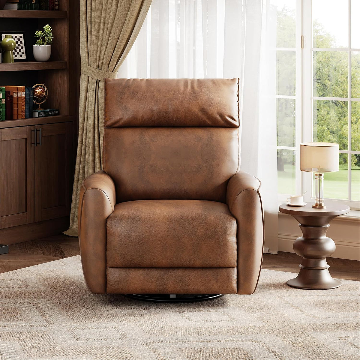 Power Recliner Chair, 270° Swivel Rocking Glider with USB Charging Port, PU Leather Upholstered Fabric, Ergonomic Modern Nursery Chair for Living Room, Bedroom, Nursery (Camel)