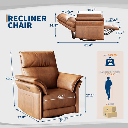 Power Recliner Chair, 270° Swivel Rocking Glider with USB Charging Port, PU Leather Upholstered Fabric, Ergonomic Modern Nursery Chair for Living Room, Bedroom, Nursery (Camel)
