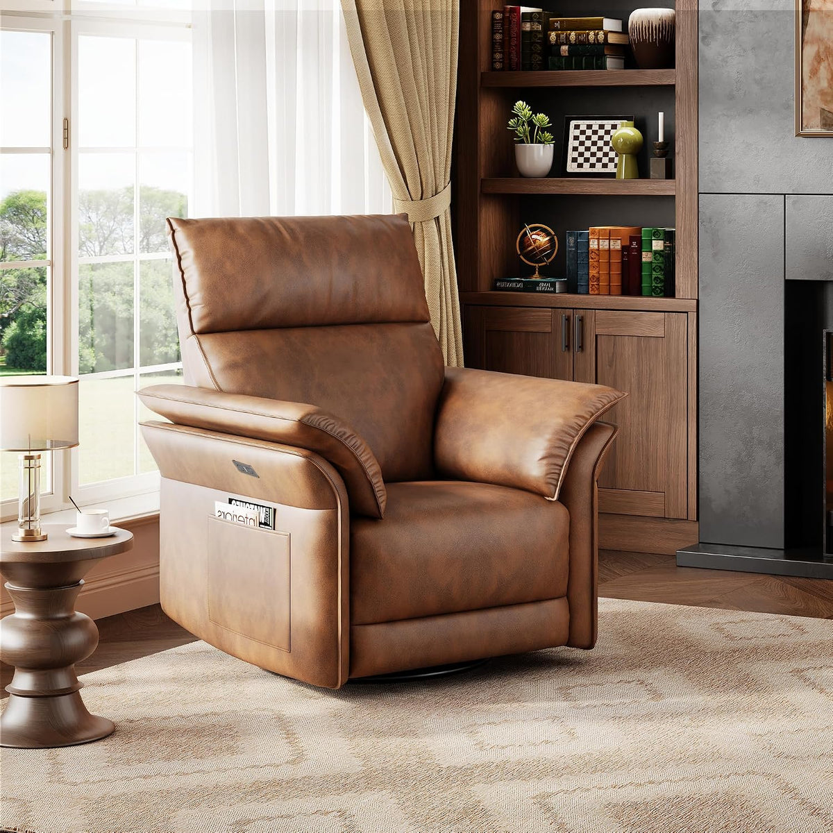 Power Recliner Chair, 270° Swivel Rocking Glider with USB Charging Port, PU Leather Upholstered Fabric, Ergonomic Modern Nursery Chair for Living Room, Bedroom, Nursery (Camel)
