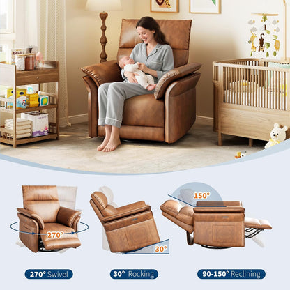 Power Recliner Chair, 270° Swivel Rocking Glider with USB Charging Port, PU Leather Upholstered Fabric, Ergonomic Modern Nursery Chair for Living Room, Bedroom, Nursery (Camel)