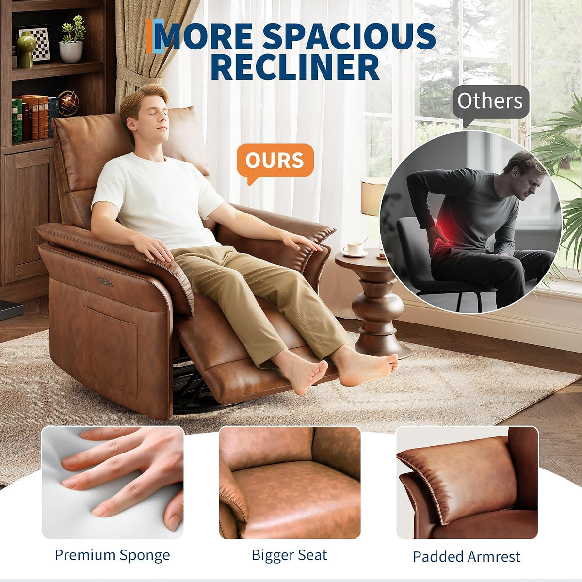 Power Recliner Chair, 270° Swivel Rocking Glider with USB Charging Port, PU Leather Upholstered Fabric, Ergonomic Modern Nursery Chair for Living Room, Bedroom, Nursery (Camel)