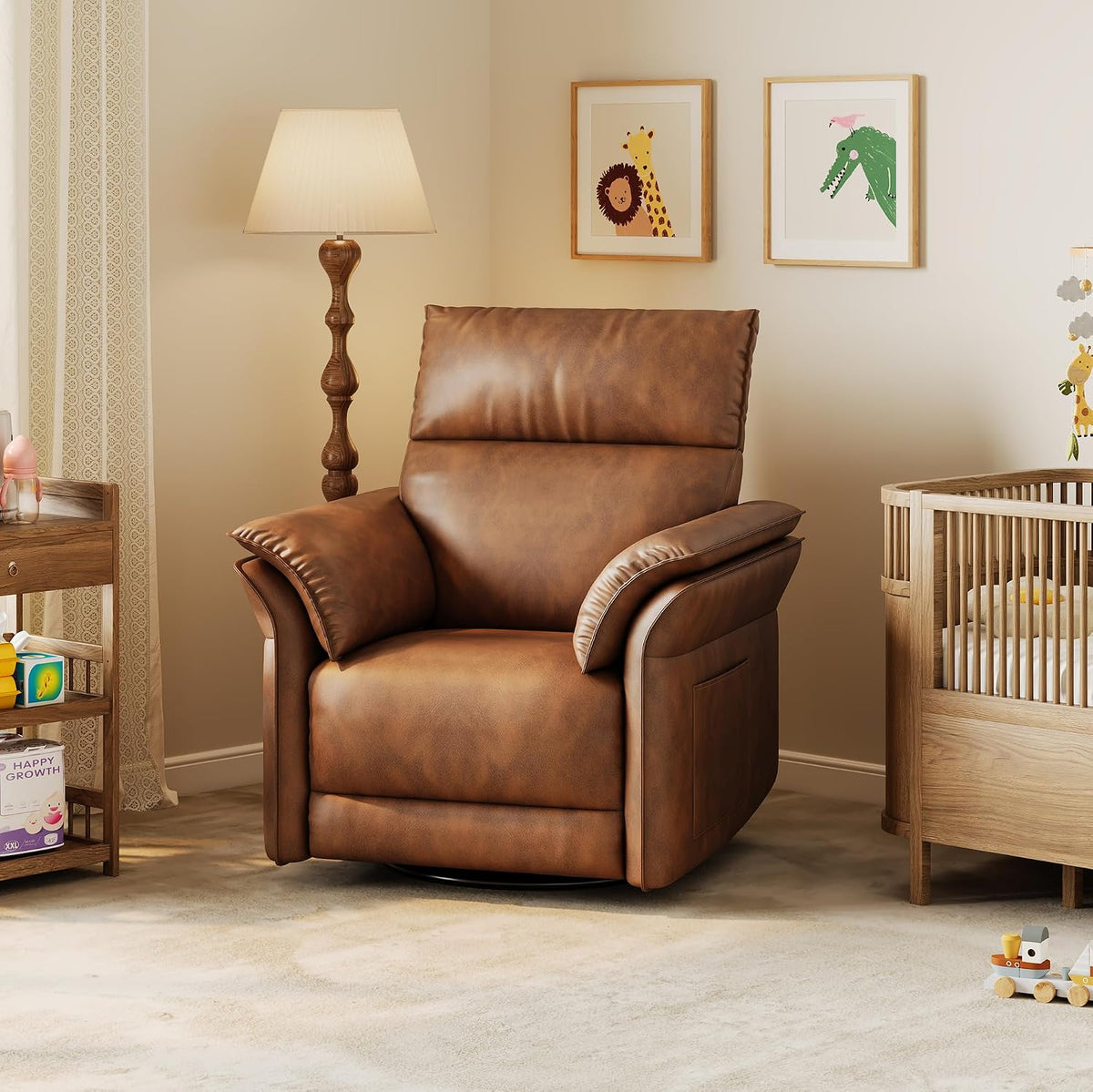Power Recliner Chair, 270° Swivel Rocking Glider with USB Charging Port, PU Leather Upholstered Fabric, Ergonomic Modern Nursery Chair for Living Room, Bedroom, Nursery (Camel)