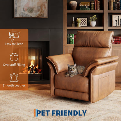 Power Recliner Chair, 270° Swivel Rocking Glider with USB Charging Port, PU Leather Upholstered Fabric, Ergonomic Modern Nursery Chair for Living Room, Bedroom, Nursery (Camel)