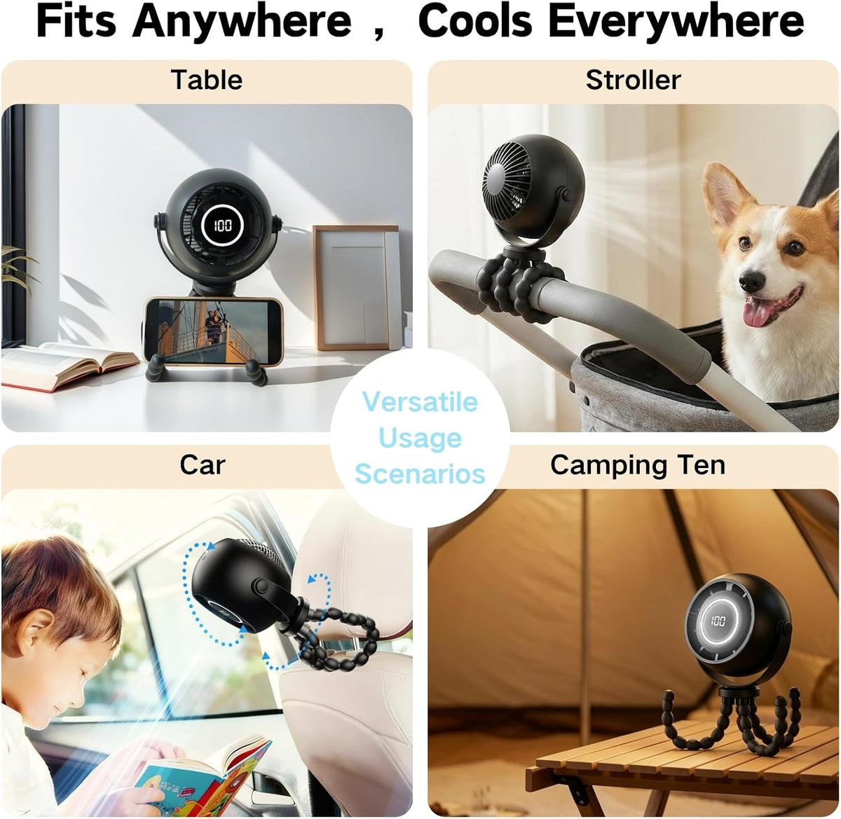 Portable Stroller Fan with Flexible Tripod, Pinch-Proof for Baby & Pets