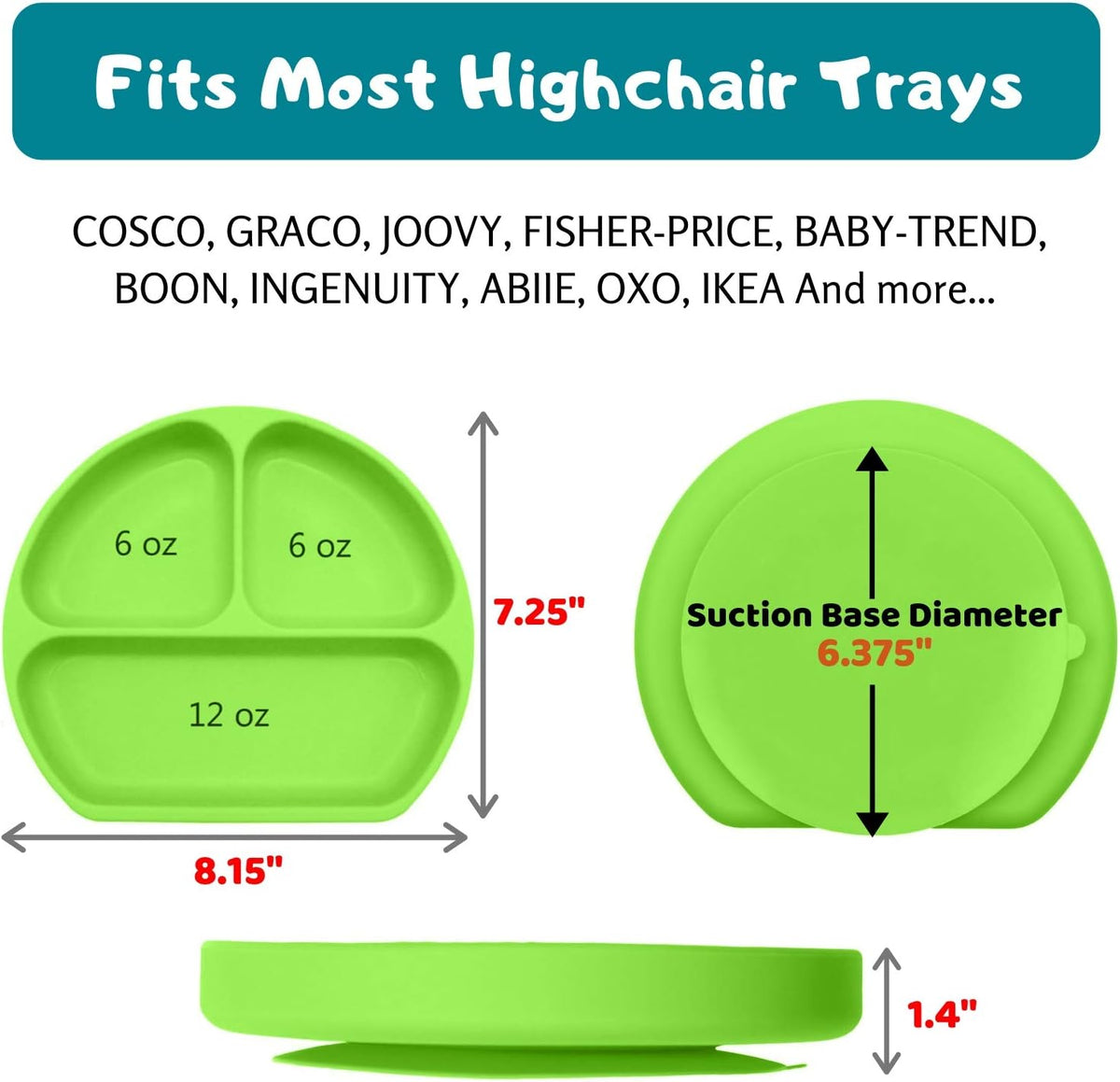 Suction Plate for Toddlers | BPA Free, 100% Food-Grade Silicone | Microwave, Dishwasher and Oven Safe | Stay Put Divided Baby Feeding Plates