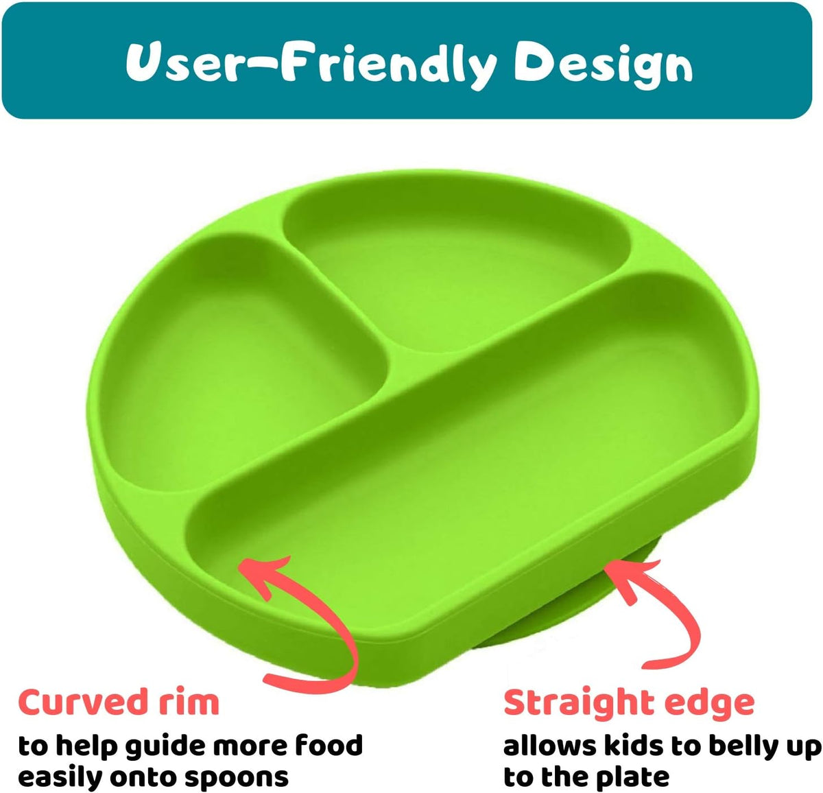 Suction Plate for Toddlers | BPA Free, 100% Food-Grade Silicone | Microwave, Dishwasher and Oven Safe | Stay Put Divided Baby Feeding Plates