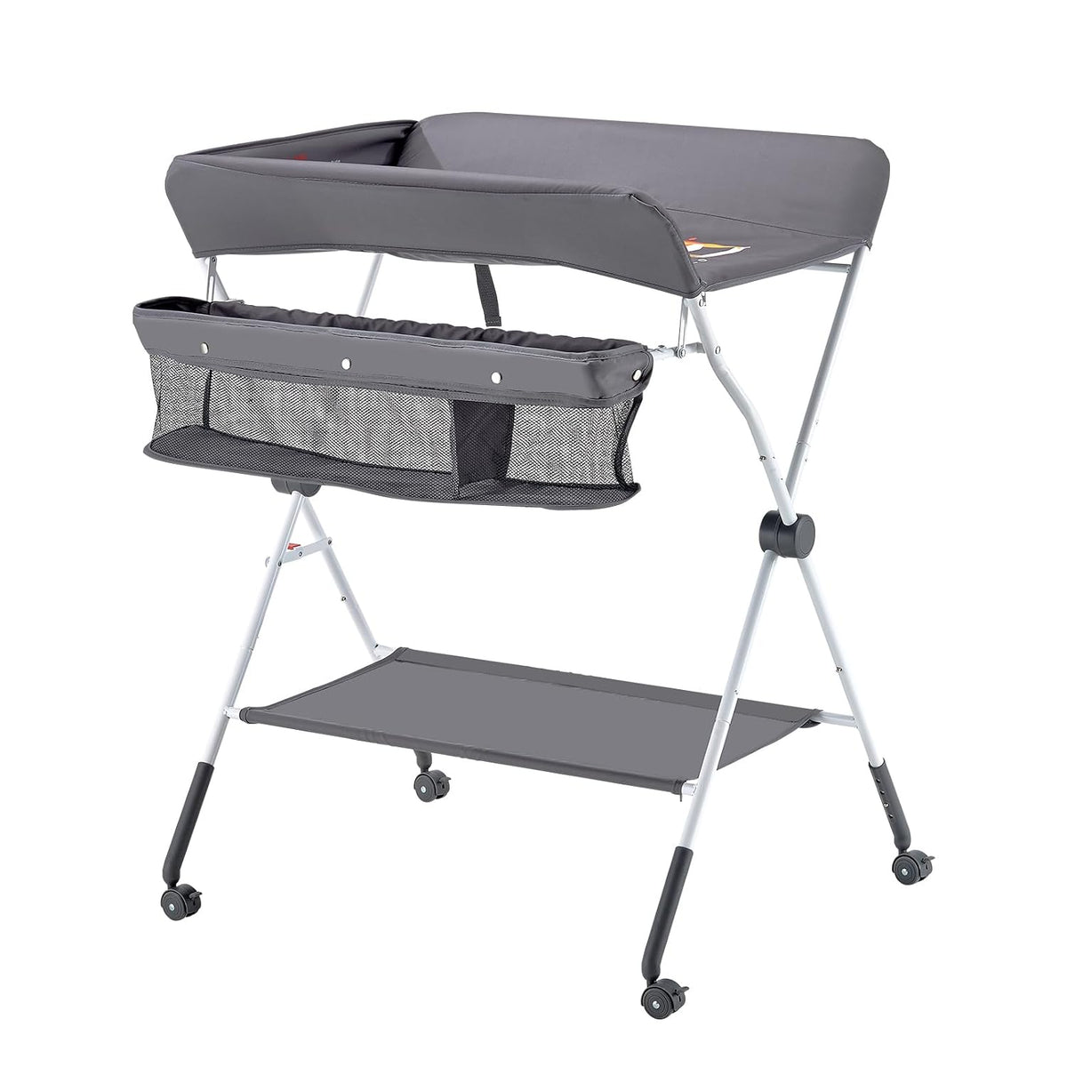 Baby Changing Table, Foldable Diaper Change Station with Side Basket, Adjustable Height Changing Table with Lockable Wheels, Multi-Functional Nursery Storage Organizer, Dark Gray