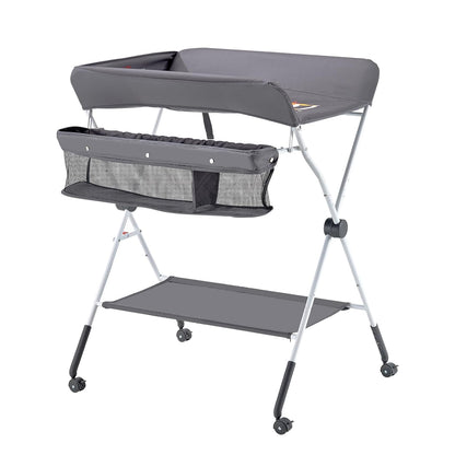 Baby Changing Table, Foldable Diaper Change Station with Side Basket, Adjustable Height Changing Table with Lockable Wheels, Multi-Functional Nursery Storage Organizer, Dark Gray
