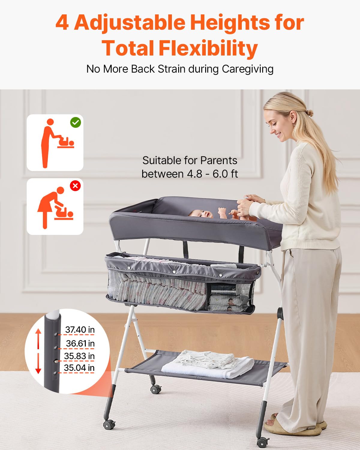 Baby Changing Table, Foldable Diaper Change Station with Side Basket, Adjustable Height Changing Table with Lockable Wheels, Multi-Functional Nursery Storage Organizer, Dark Gray