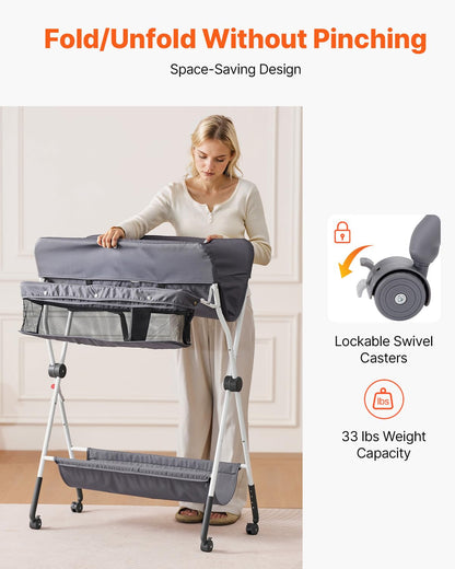 Baby Changing Table, Foldable Diaper Change Station with Side Basket, Adjustable Height Changing Table with Lockable Wheels, Multi-Functional Nursery Storage Organizer, Dark Gray