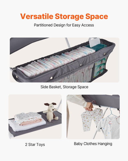 Baby Changing Table, Foldable Diaper Change Station with Side Basket, Adjustable Height Changing Table with Lockable Wheels, Multi-Functional Nursery Storage Organizer, Dark Gray