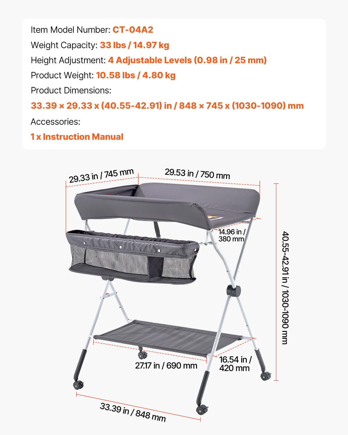 Baby Changing Table, Foldable Diaper Change Station with Side Basket, Adjustable Height Changing Table with Lockable Wheels, Multi-Functional Nursery Storage Organizer, Dark Gray