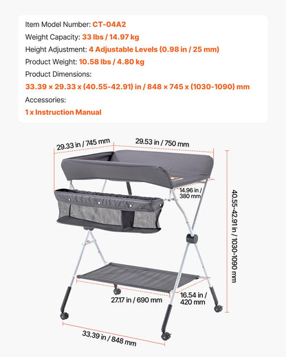 Baby Changing Table, Foldable Diaper Change Station with Side Basket, Adjustable Height Changing Table with Lockable Wheels, Multi-Functional Nursery Storage Organizer, Dark Gray