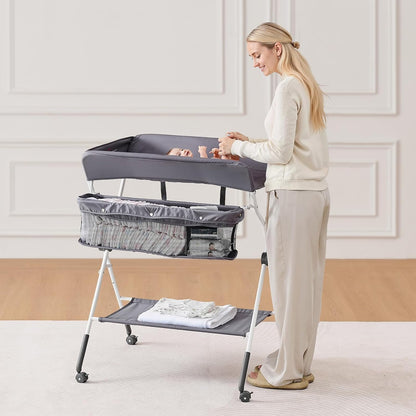 Baby Changing Table, Foldable Diaper Change Station with Side Basket, Adjustable Height Changing Table with Lockable Wheels, Multi-Functional Nursery Storage Organizer, Dark Gray