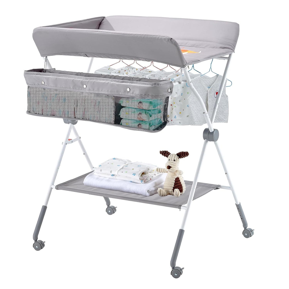 Baby Changing Table, Foldable Diaper Change Station with Side Basket, Adjustable Height Changing Table with Lockable Wheels, Multi-Functional Nursery Storage Organizer, Dark Gray